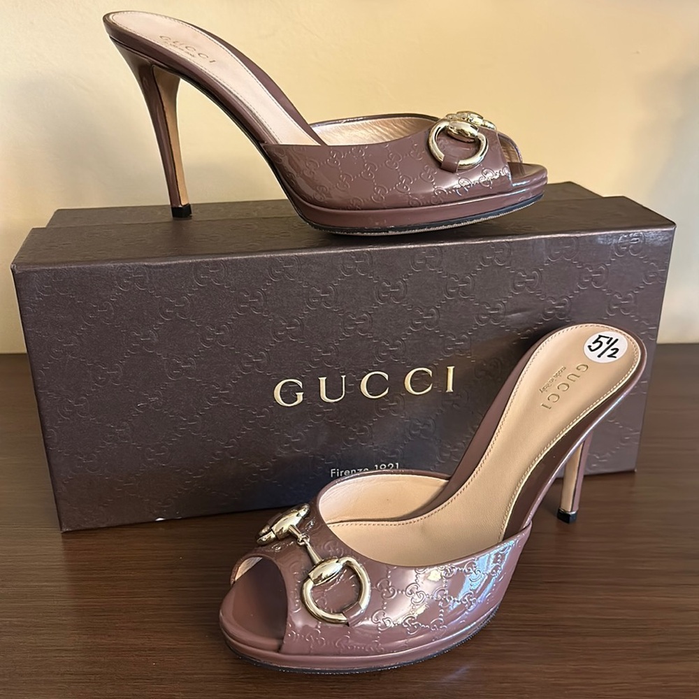Gucci Mauve Patent Leather Microguccissima GG Horsebit High Heeled Sandals sz36